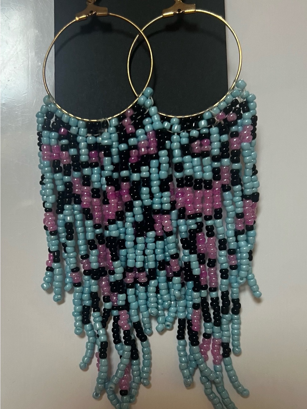 Boho Seed Bead Fringe Hoop Earrings in Light Blue, Pink & Black